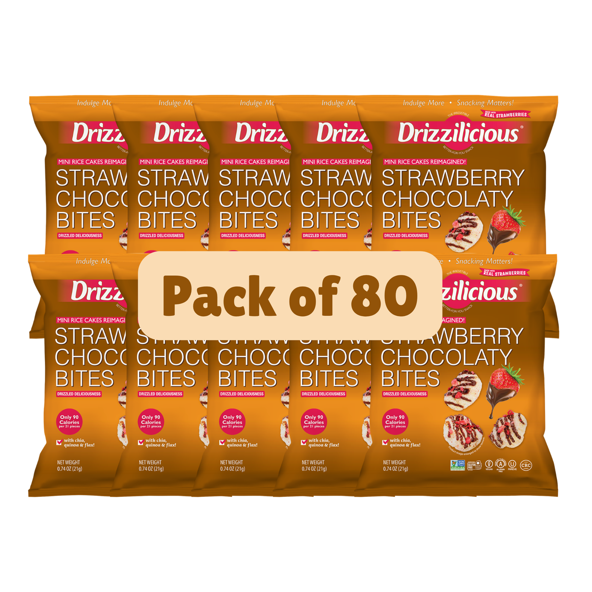Close-up of Drizzilicious Strawberry Chocolaty Bites, the drizzled mini rice cake in a lunchbox-sized 21g pack.
