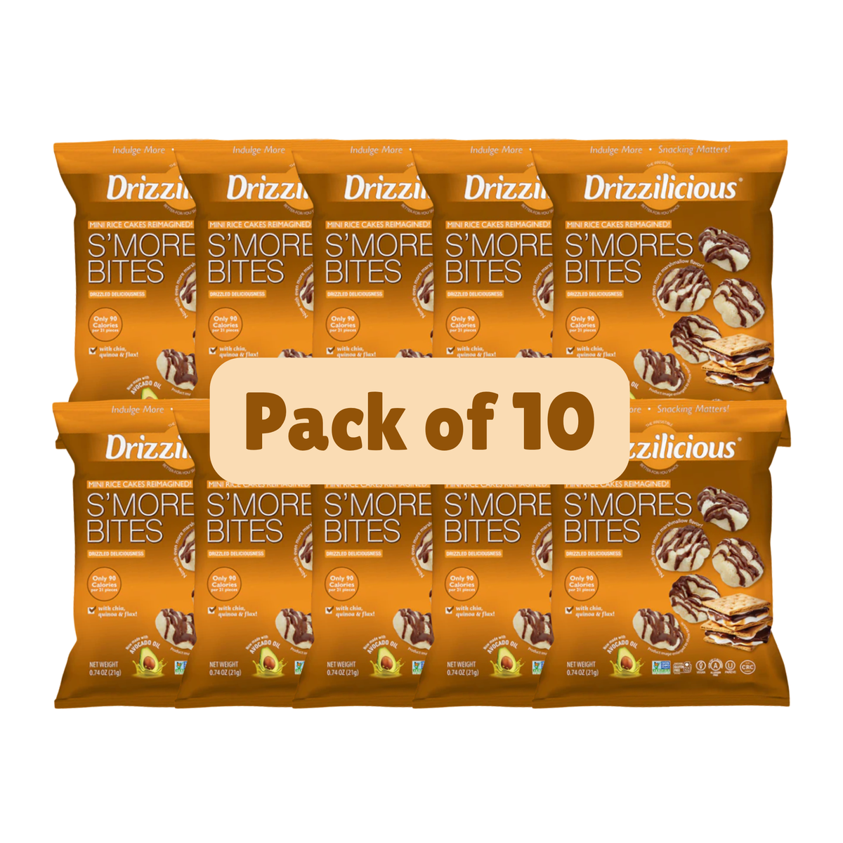 Drizzilicious S'mores Bites, Mini Rice Cakes, 21g - gluten-free and dairy-free, portion-controlled snacking.
