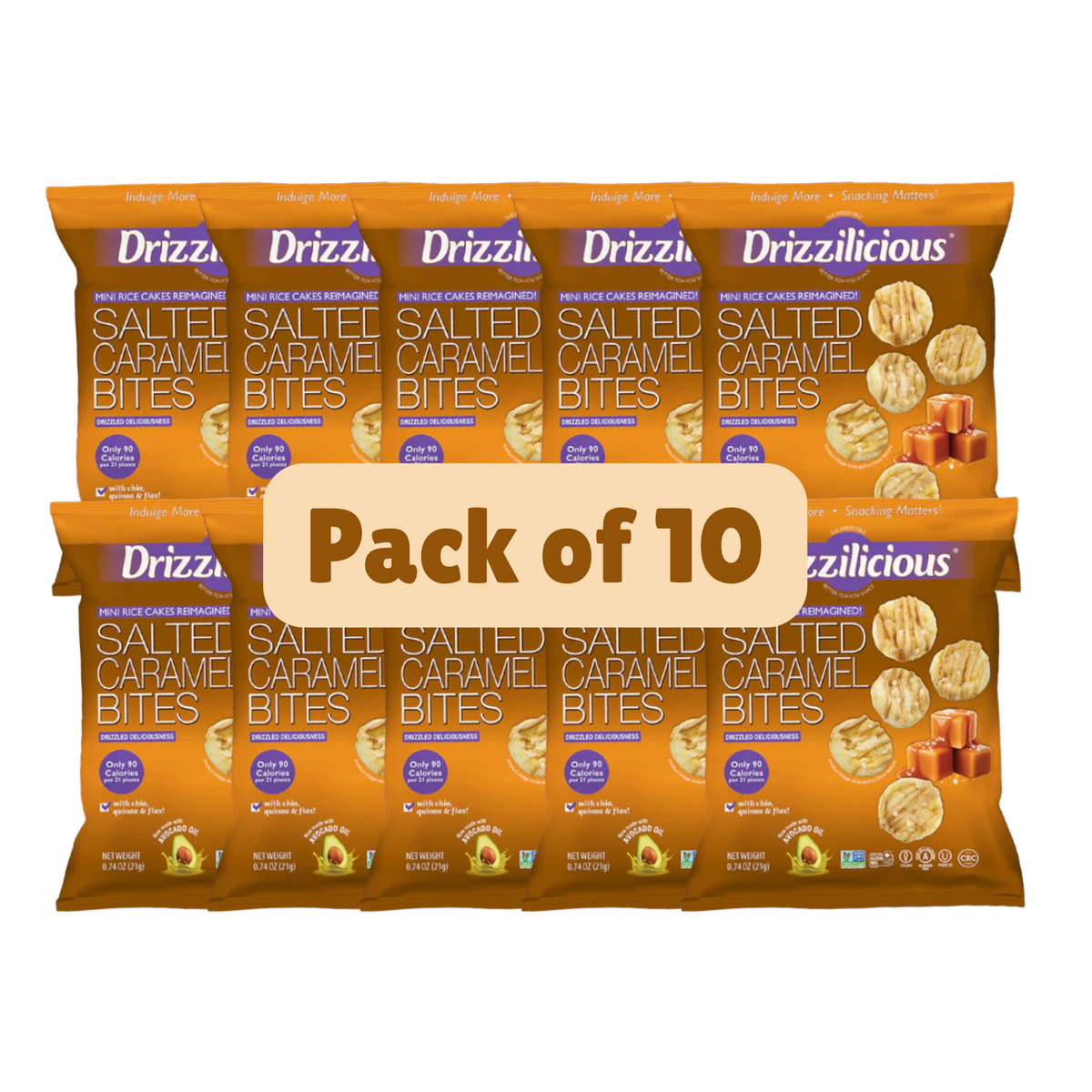 Drizzilicious Salted Caramel Bites, Mini Rice Cakes, 21g - gluten-free and dairy-free, portion-controlled snacking.