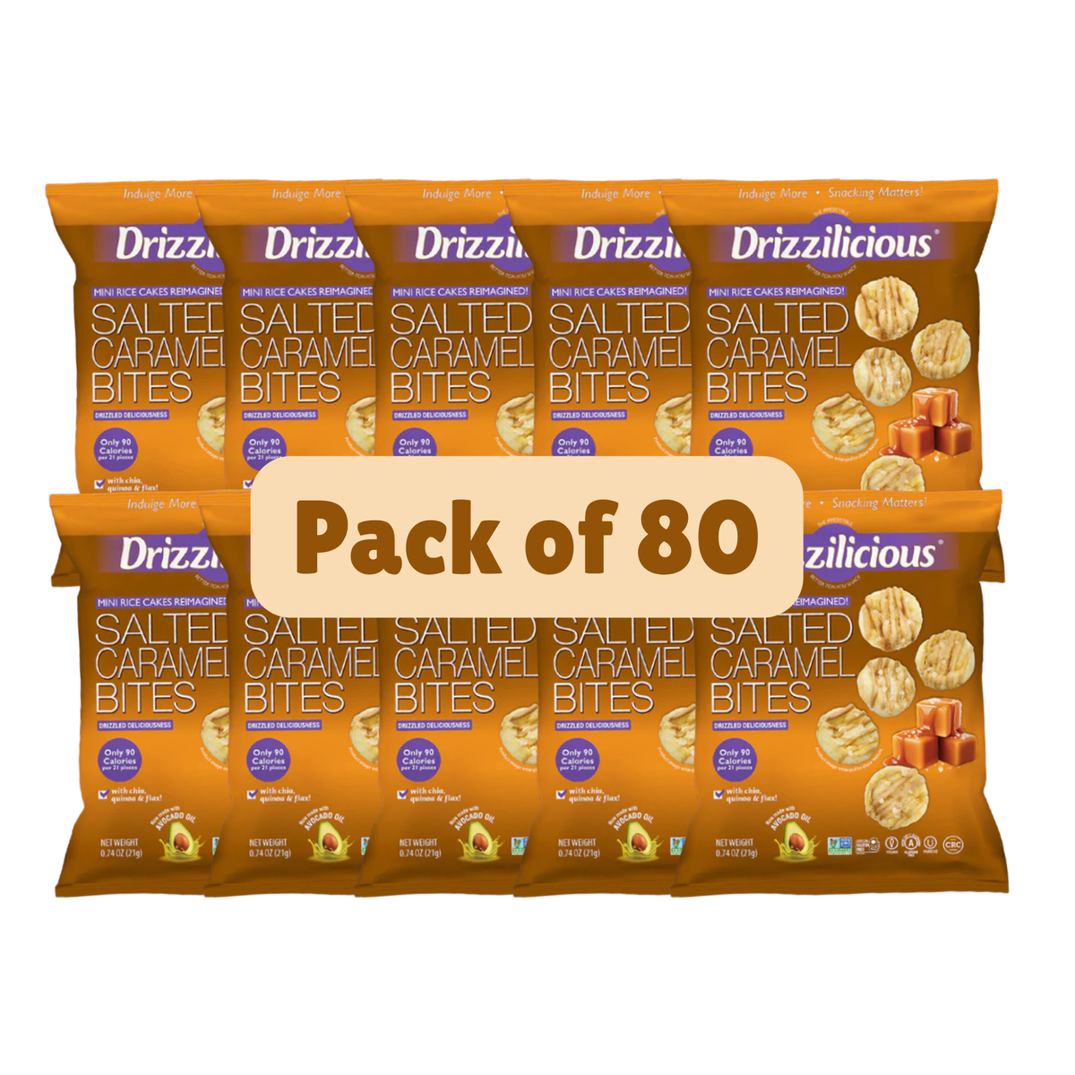 Close-up of Drizzilicious Salted Caramel Bites, the drizzled mini rice cake in a lunchbox-sized 21g pack.