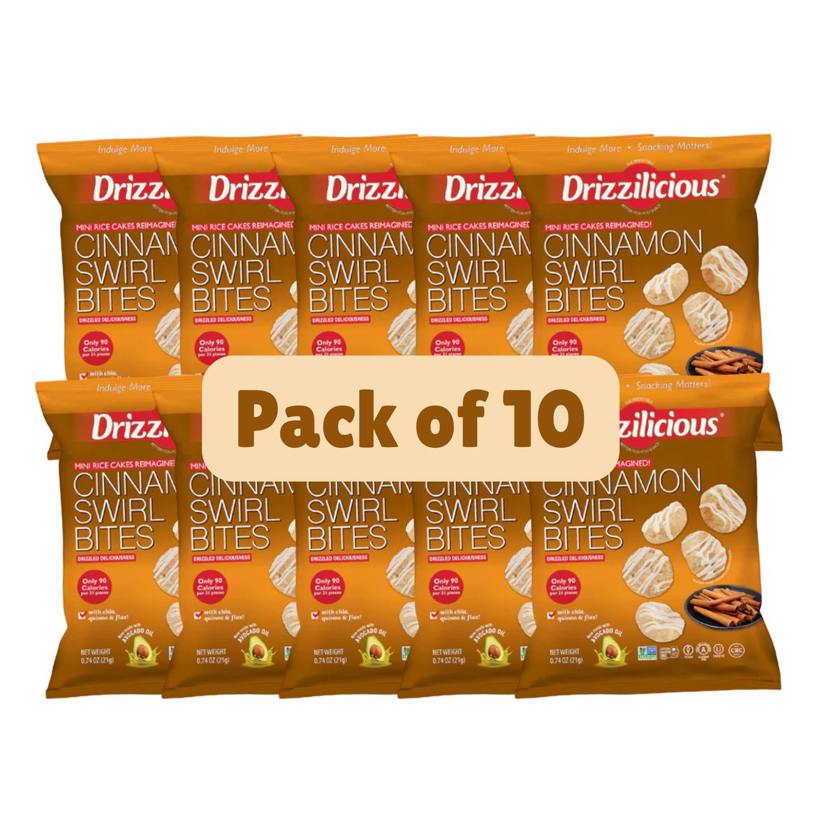 Drizzilicious Cinnamon Bites, Mini Rice Cakes, 21g - gluten-free and dairy-free, portion-controlled snacking.
