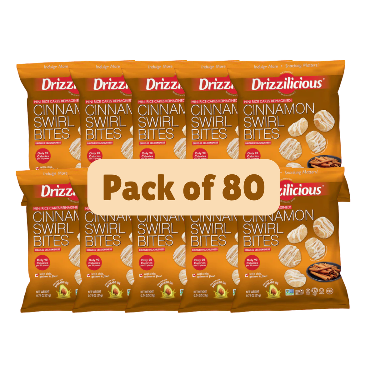 Close-up of Drizzilicious Cinnamon Bites, the drizzled mini rice cake in a lunchbox-sized 21g pack.