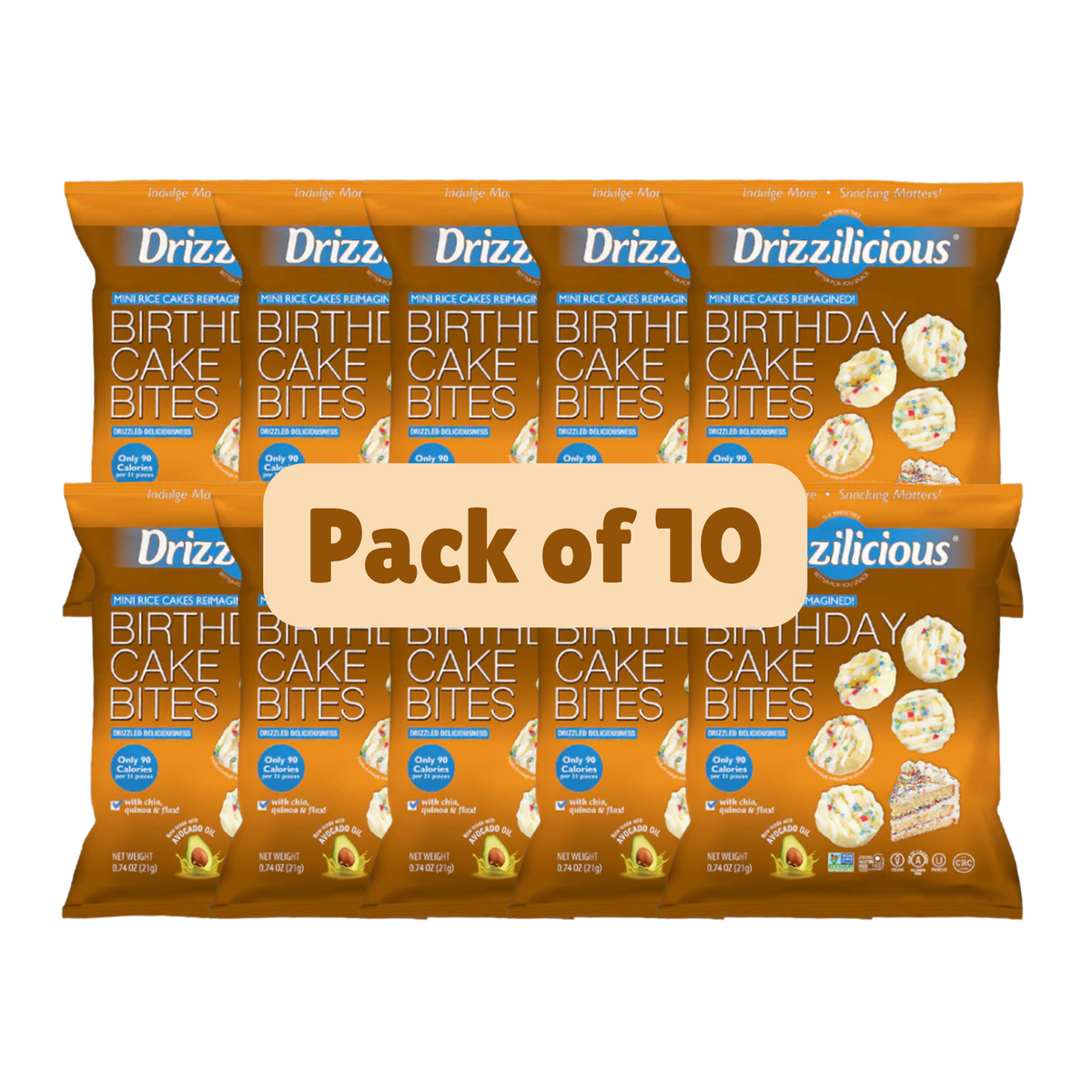 Drizzilicious Birthday Cake Bites, Mini Rice Cakes, 21g - gluten-free and dairy-free, portion-controlled snacking.