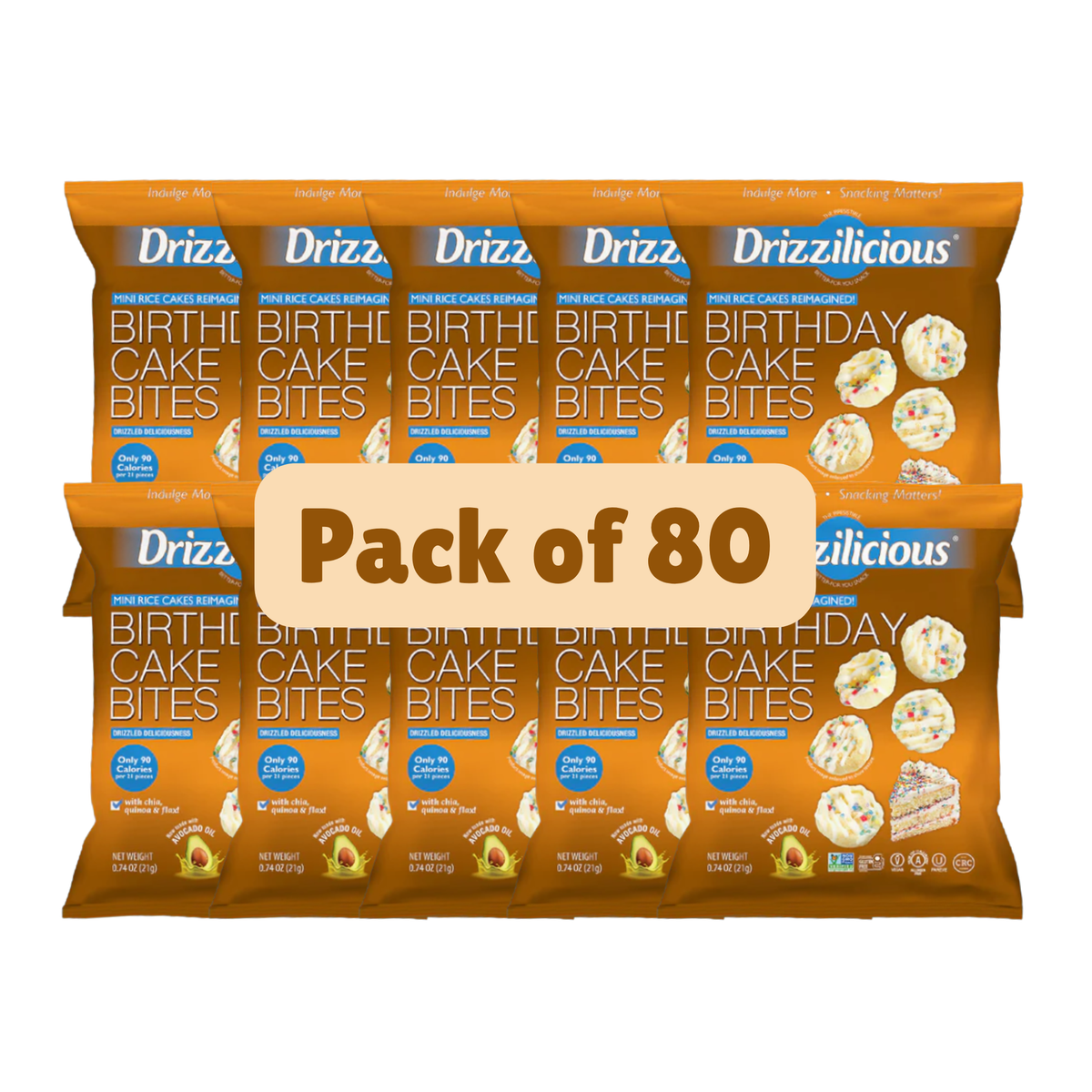 Close-up of Drizzilicious Birthday Cake Bites, the drizzled mini rice cake in a lunchbox-sized 21g pack.