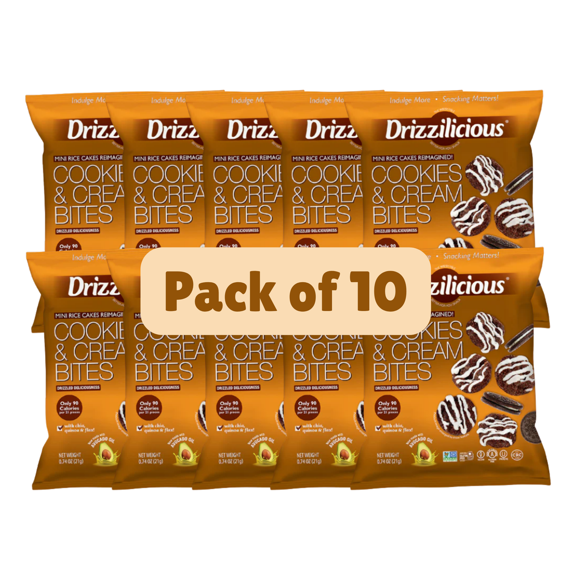 Drizzilicious Cookies & Cream Bites, Mini Rice Cakes, 21g - gluten-free and dairy-free, portion-controlled snacking.