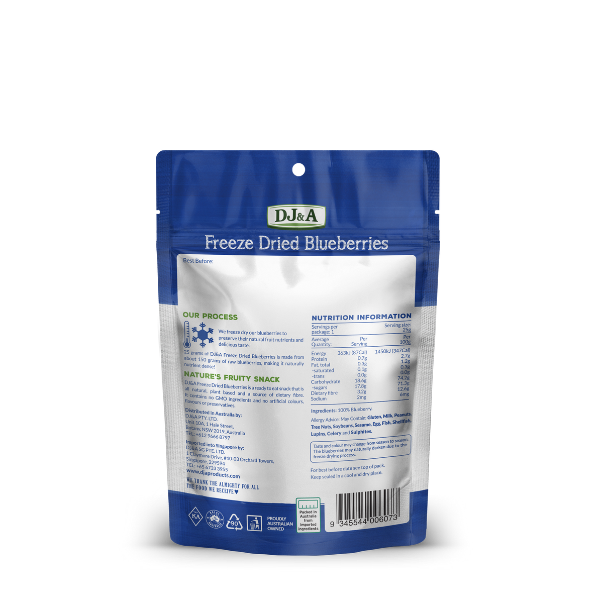 Back of DJ & A Freeze Dried Blueberries pack showing nutritional information.