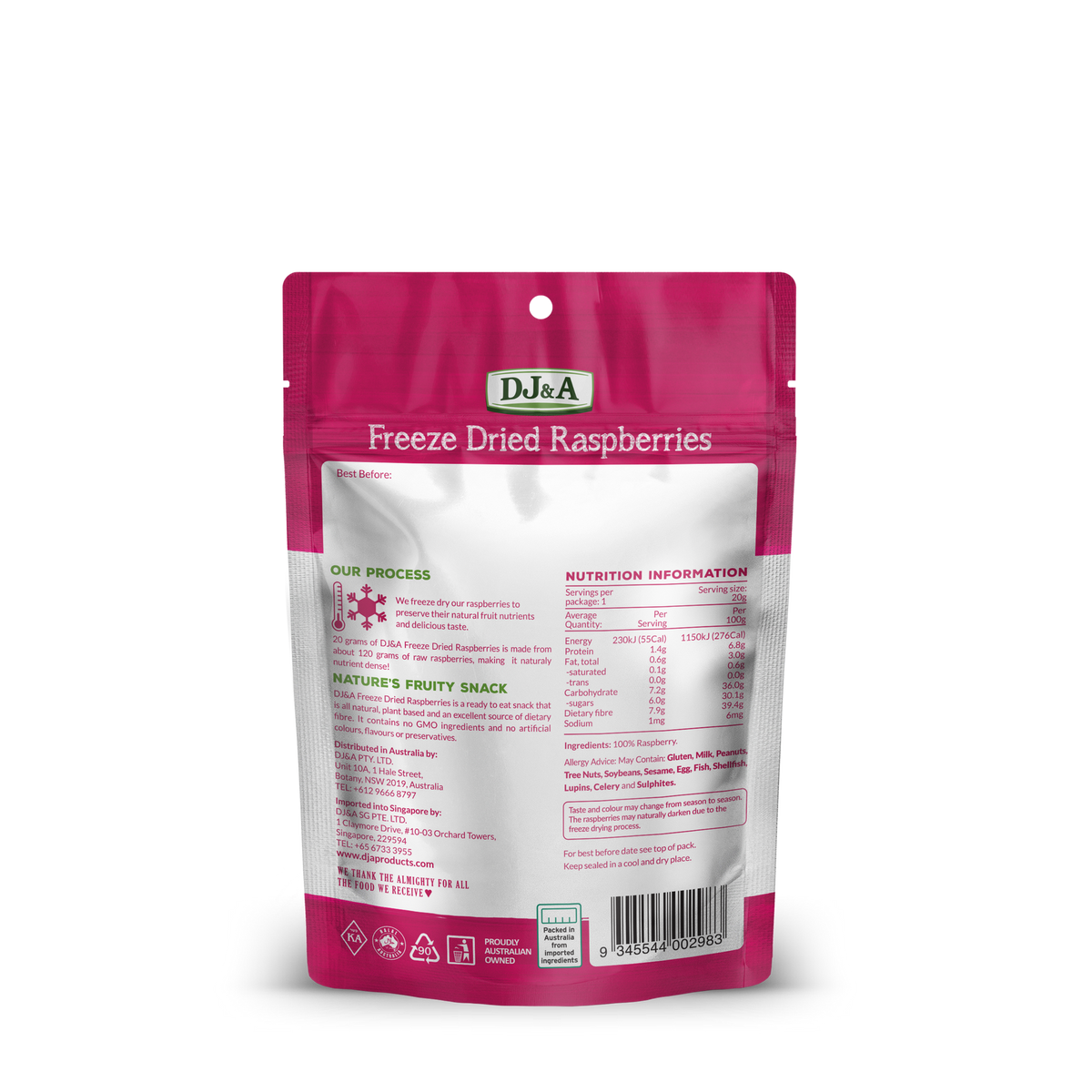 Back of DJ & A Freeze Dried Raspberries pack showing nutritional information.