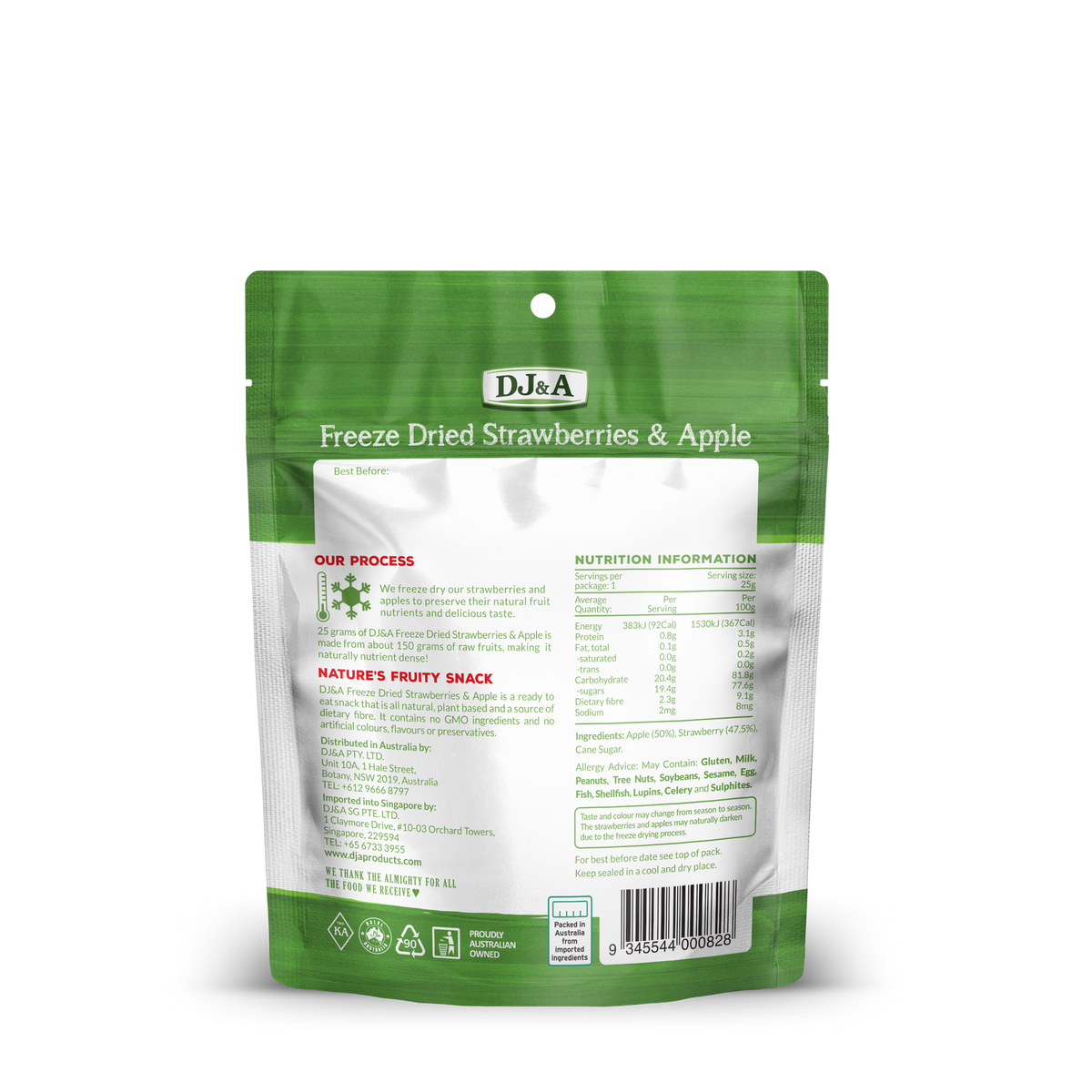 Back of DJ & A Freeze Dried Strawberries & Apple pack showing nutritional information.