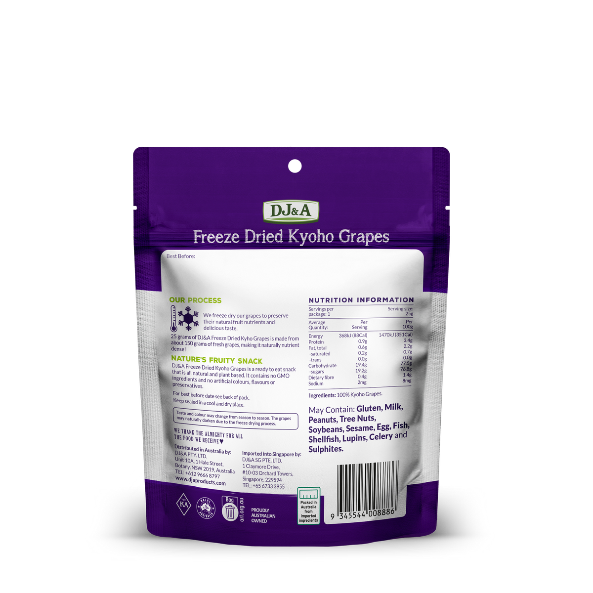 Back of DJ & A Freeze Dried Kyoho Grapes pack showing nutritional information, Halal certified.