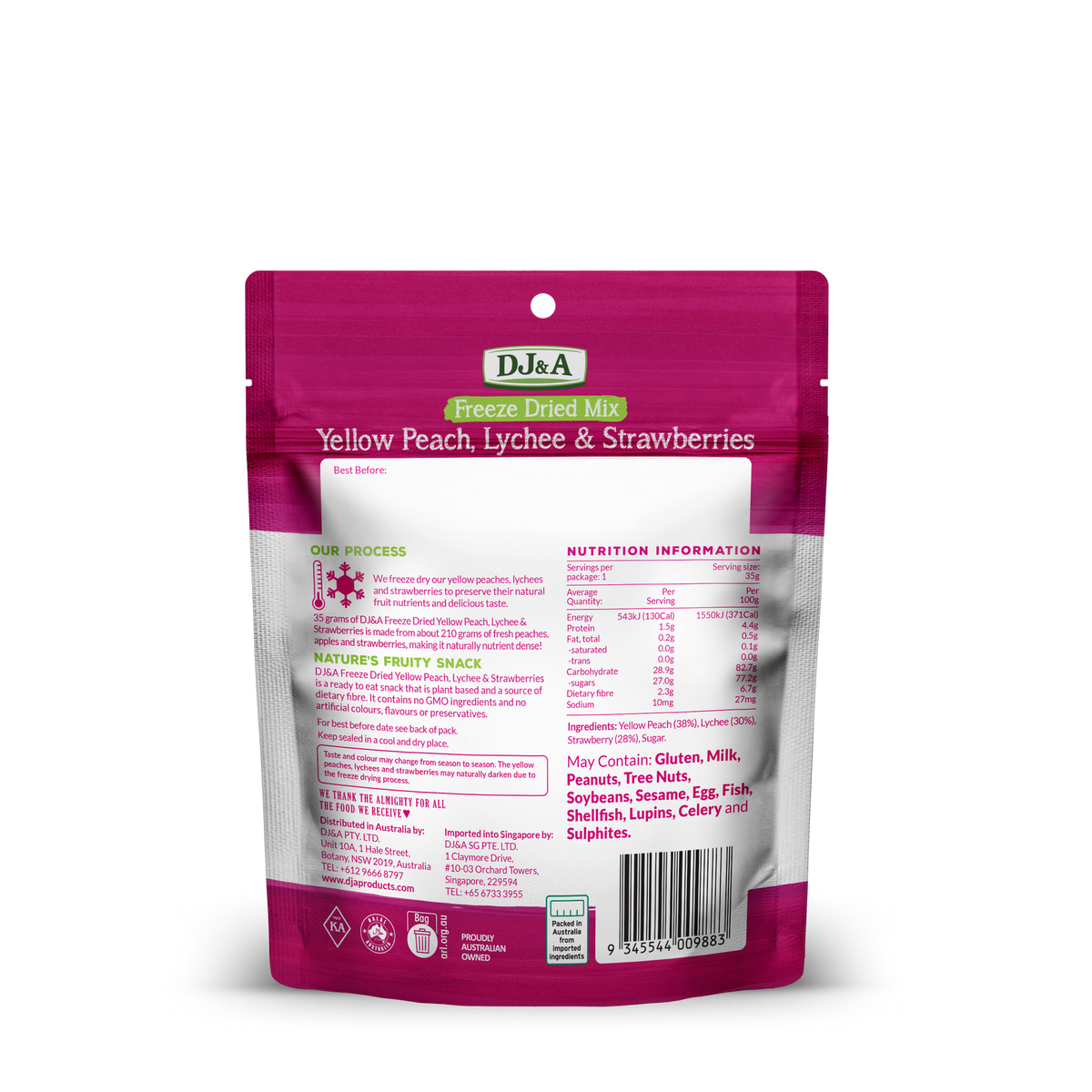 Back of DJ & A Freeze Dried Peach, Lychee & Strawberry pack showing nutritional information.