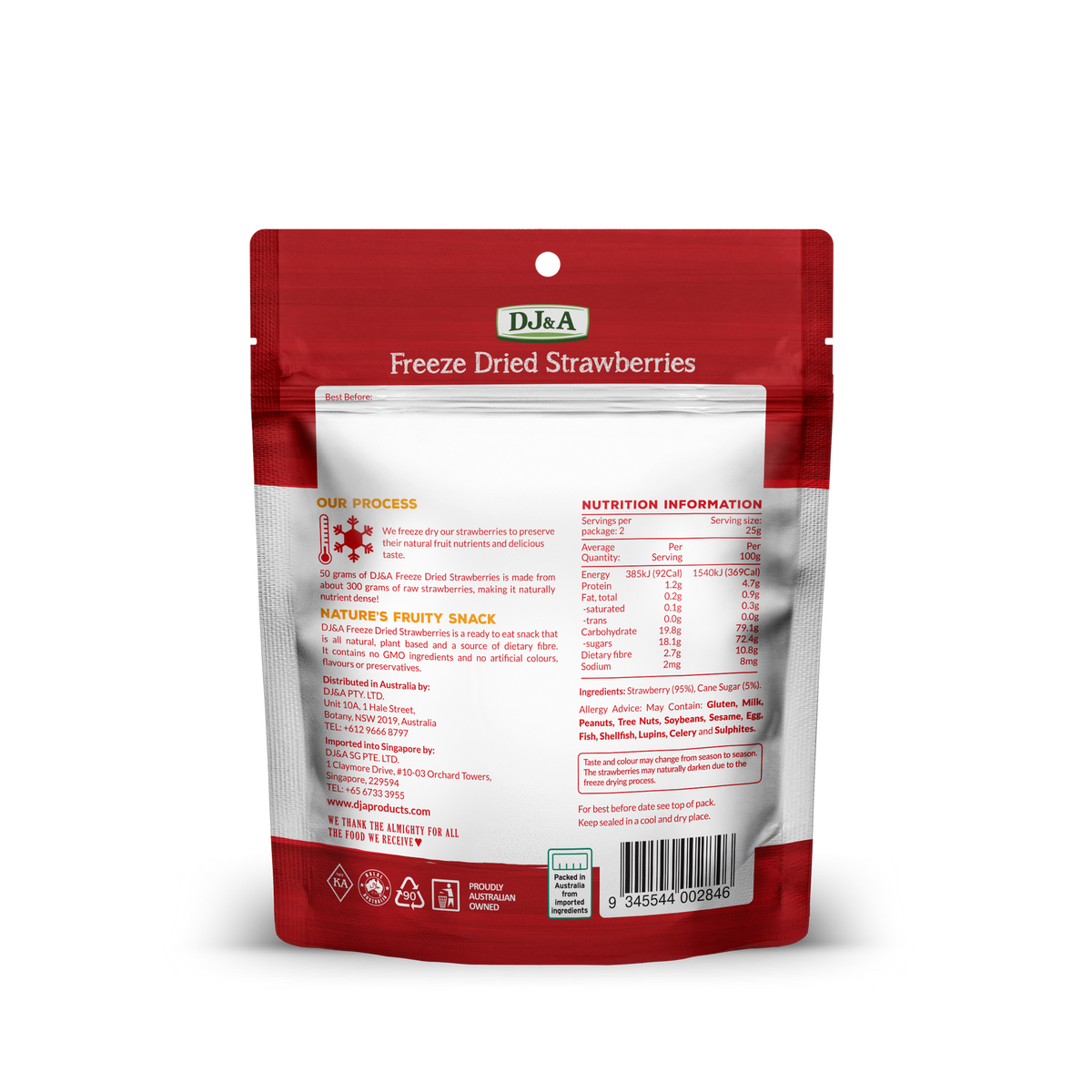 Back of DJ & A Freeze Dried Strawberries pack showing nutritional information.
