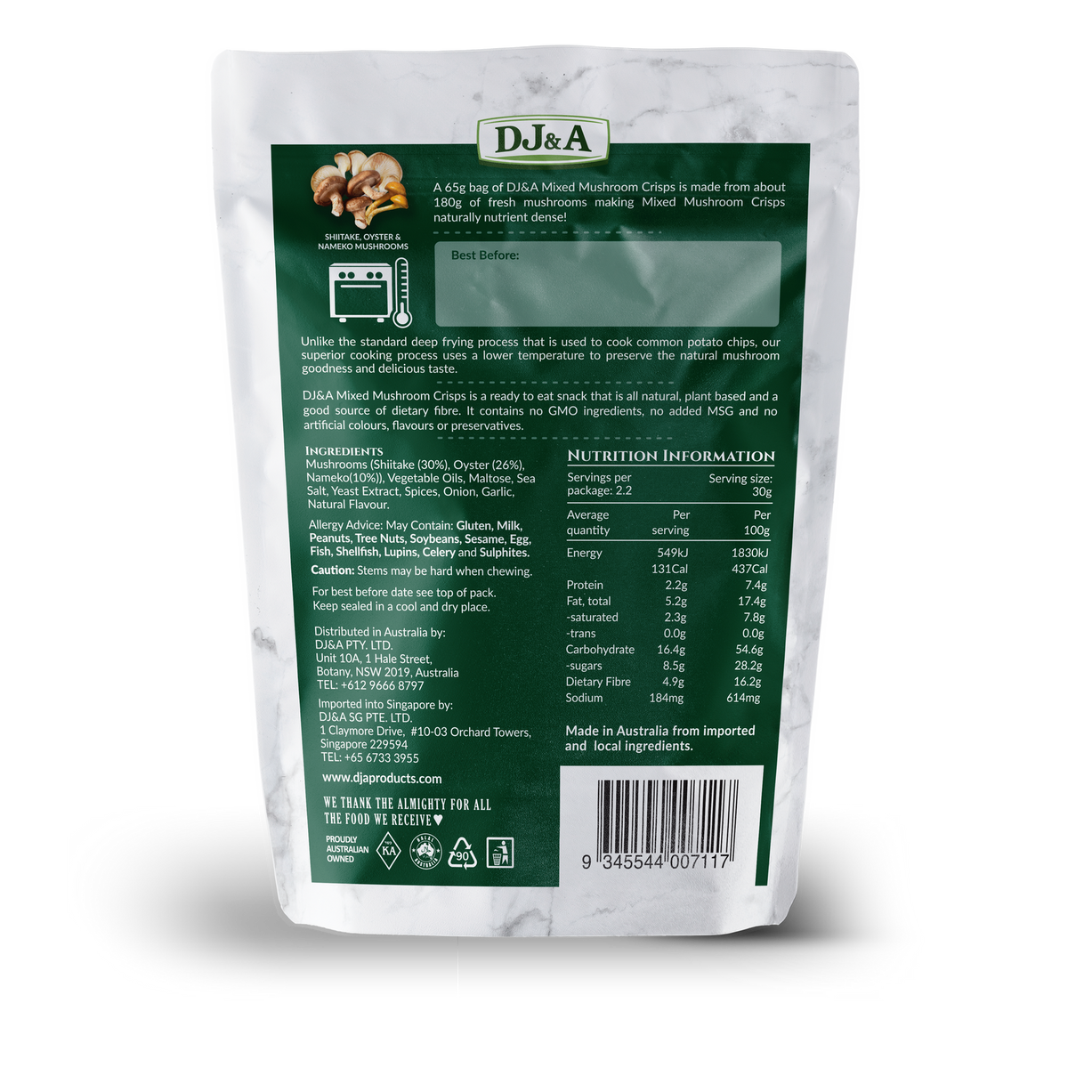 Back of DJ & A Mixed Mushroom Crisps pack showing nutritional information.