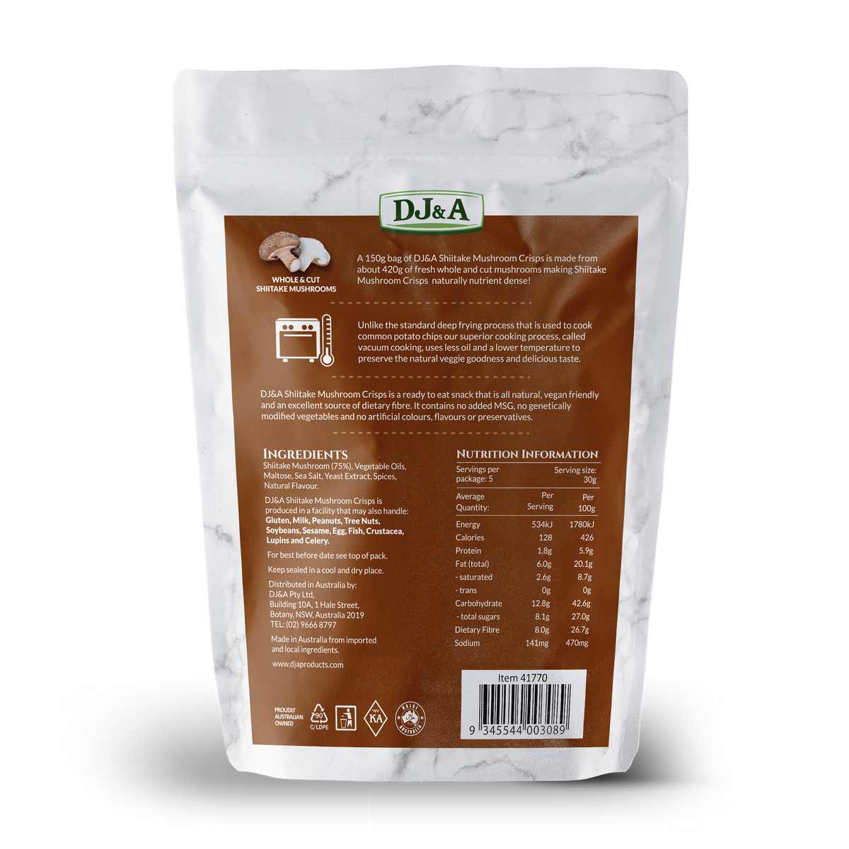 Back of DJ & A Shiitake Mushroom Crisps 150g pack showing nutritional information, Halal certified.