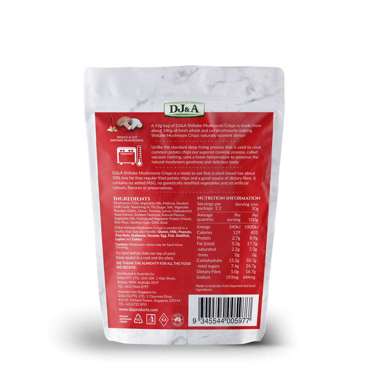 Back of DJ & A Shiitake Mushroom Crisps Smoked Chilli & Garlic pack showing nutritional information.