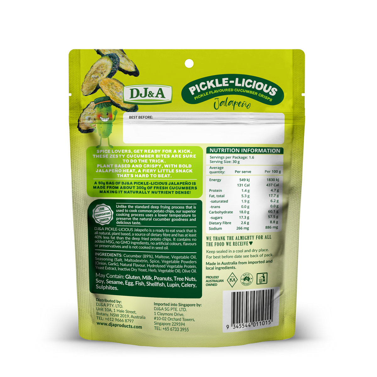 Back of DJ & A Pickle-licious Jalapeno pack showing nutritional information.
