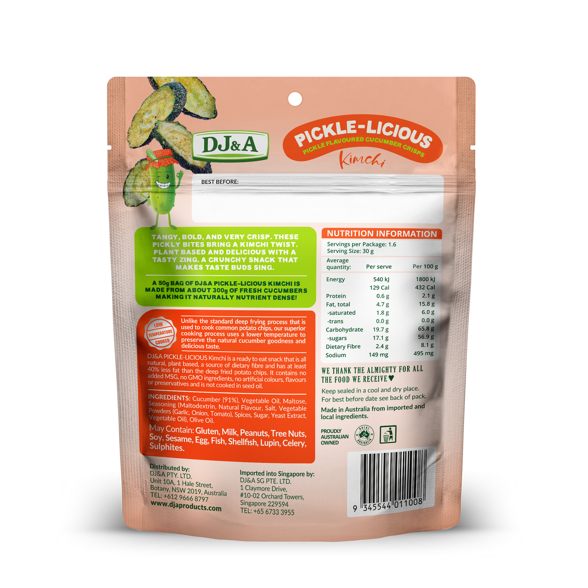 Back of DJ & A Pickle-licious Kimchi pack showing nutritional information.