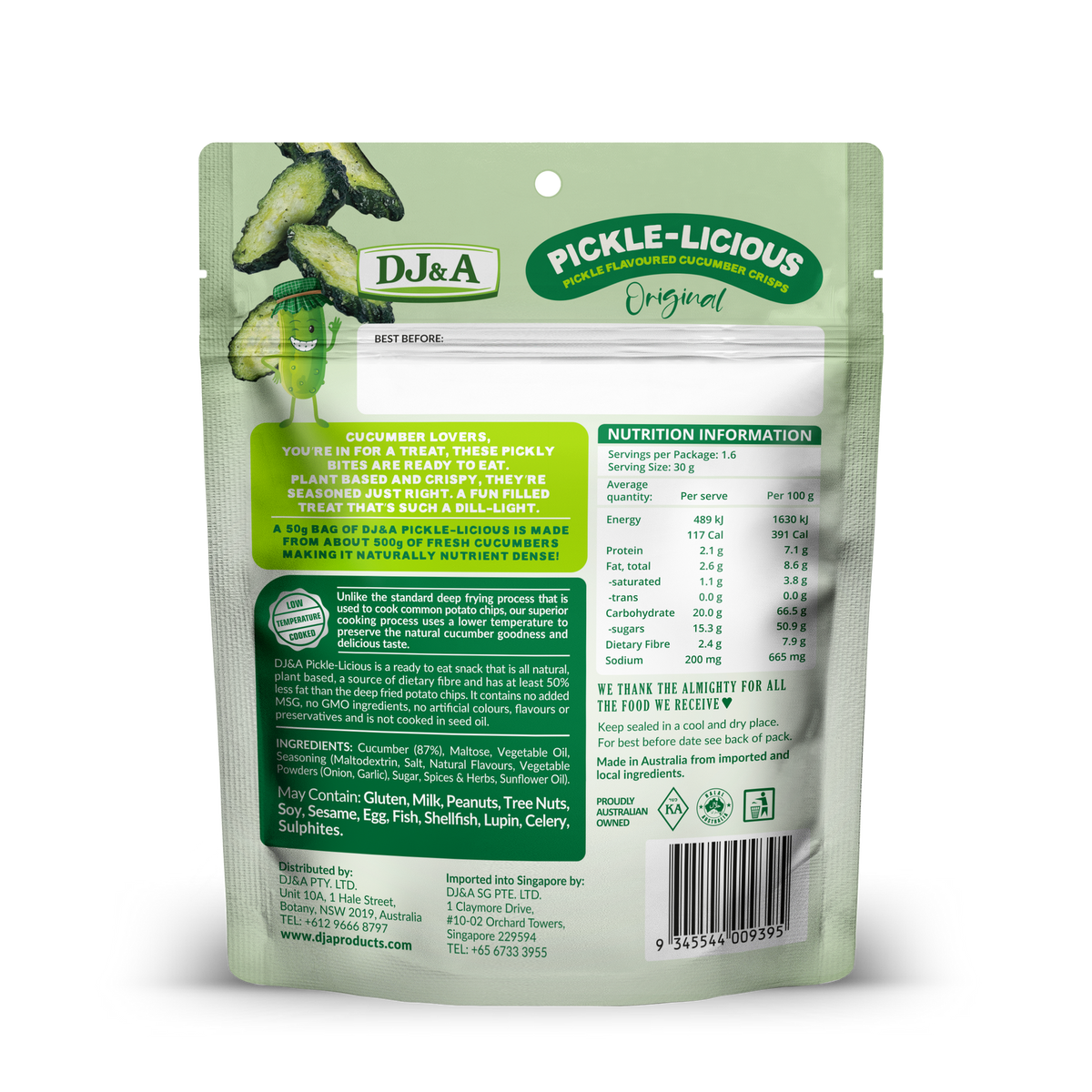 Back of DJ & A Pickle-licious pack showing nutritional information.