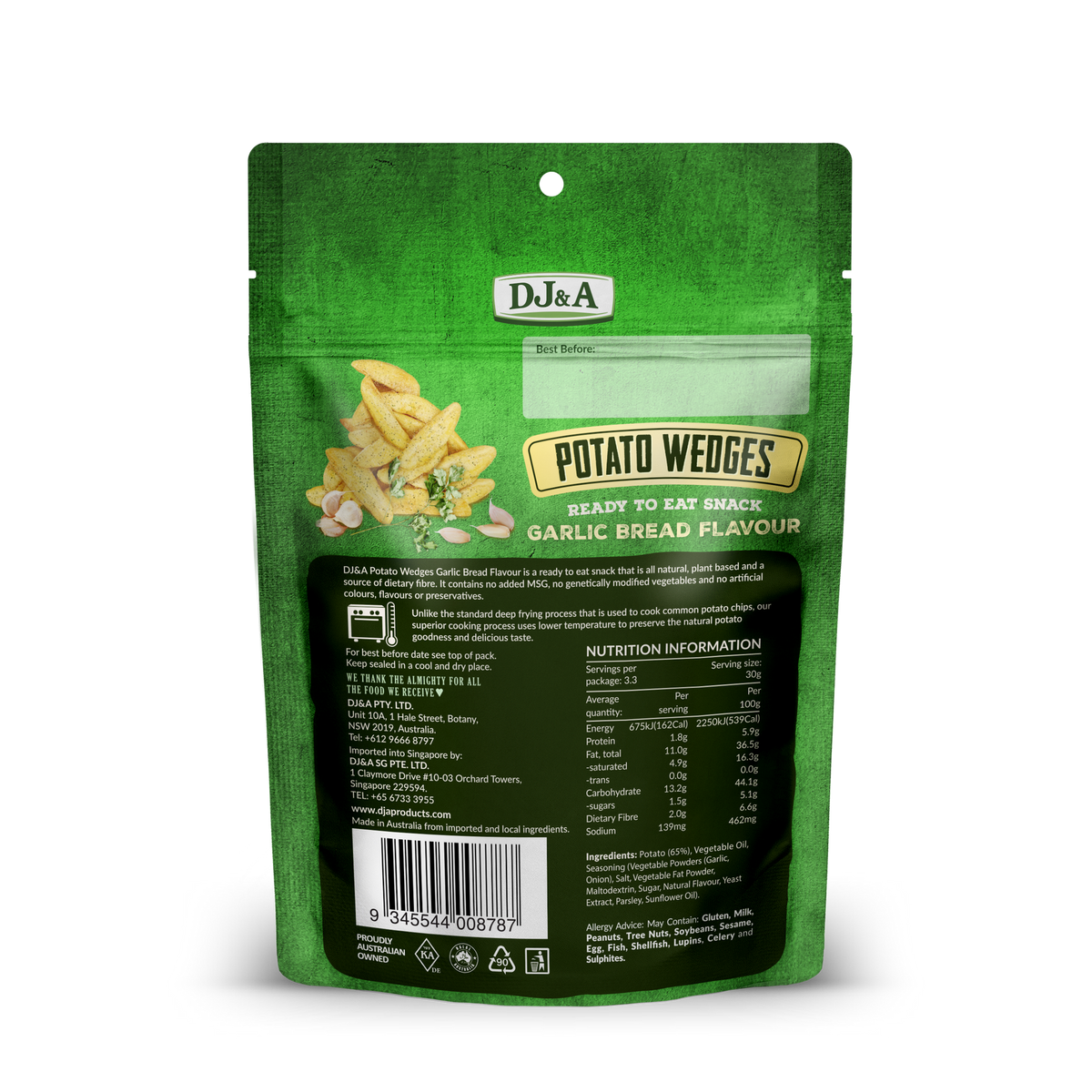Back of DJ & A Potato Wedges Garlic Bread pack showing nutritional information, Halal certified.