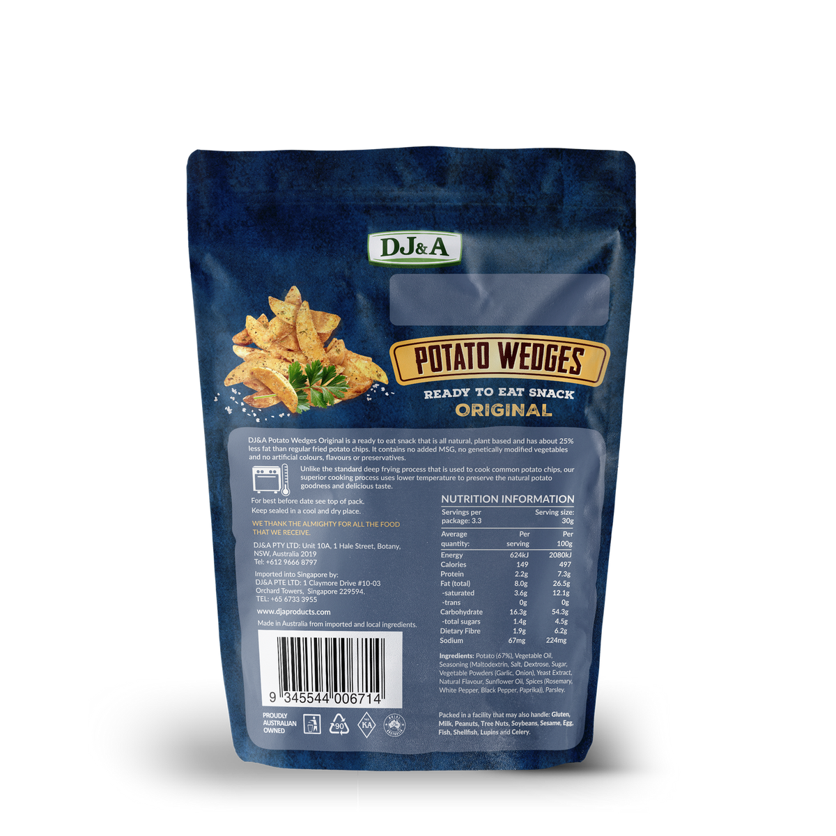 Back of DJ & A Potato Wedges Original pack showing nutritional information, Halal certified.