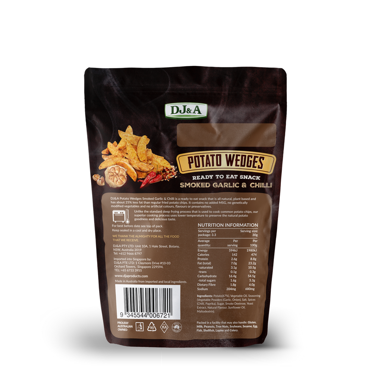 Back of DJ & A Potato Wedges Smoked Garlic & Chilli pack showing nutritional information, Halal certified.