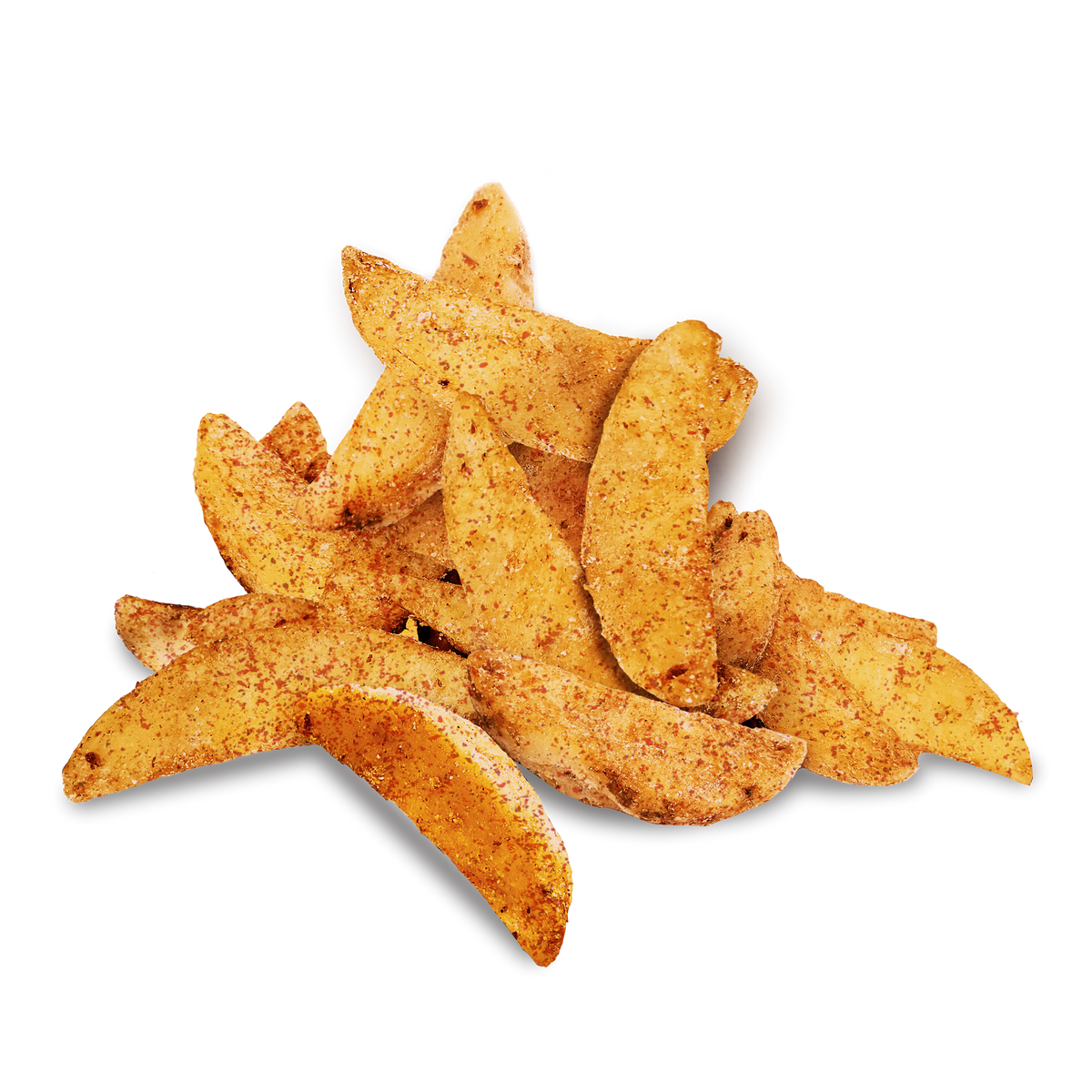 Close-up of DJ & A Potato Wedges, thick cut and seasoned.