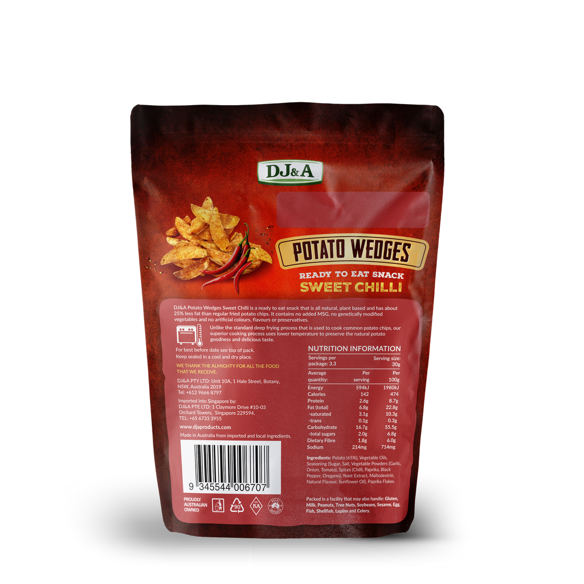 Back of DJ & A Potato Wedges Sweet Chilli pack showing nutritional information, Halal certified.