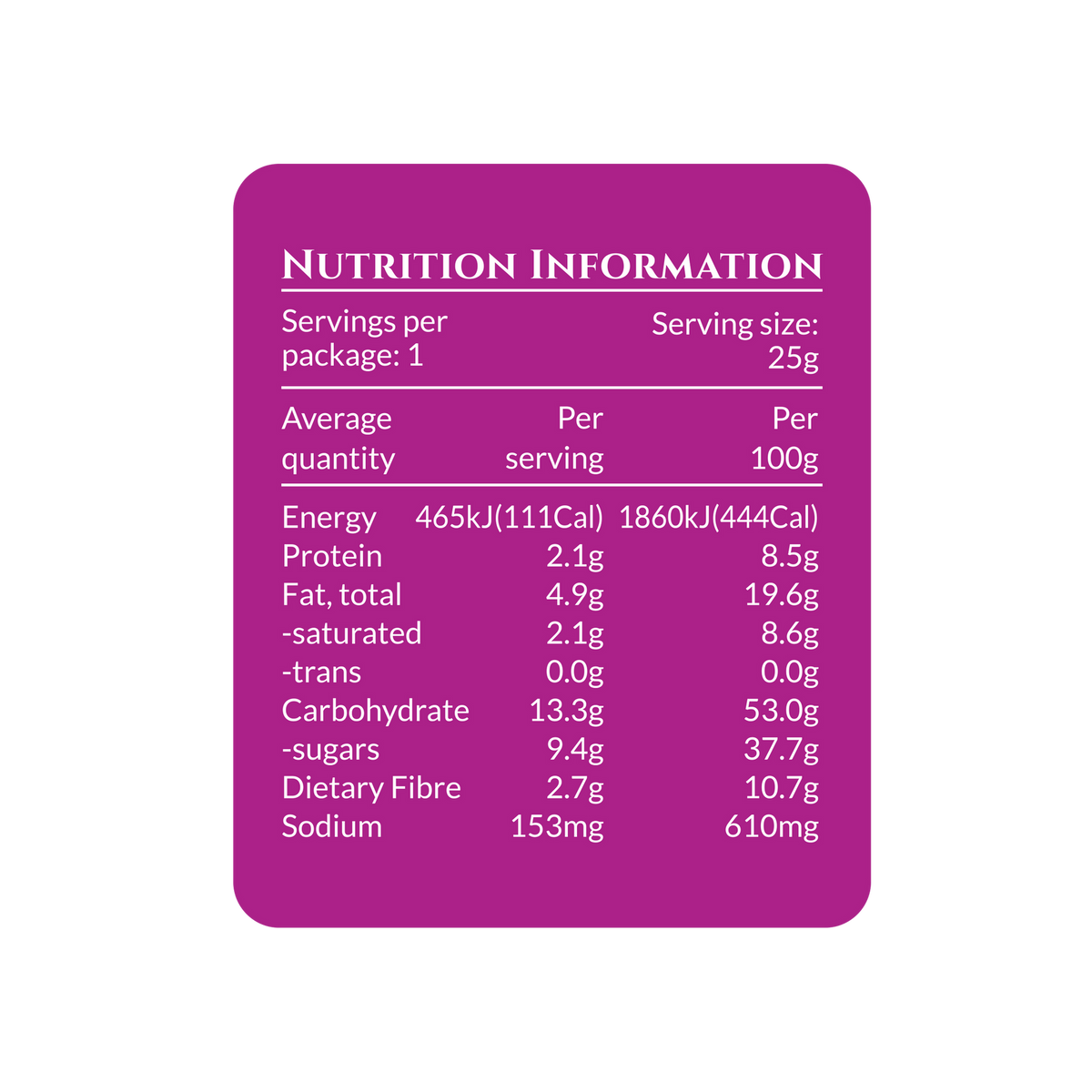 Back of DJ & A Broccoli Florets Salt & Vinegar pack showing nutritional information.