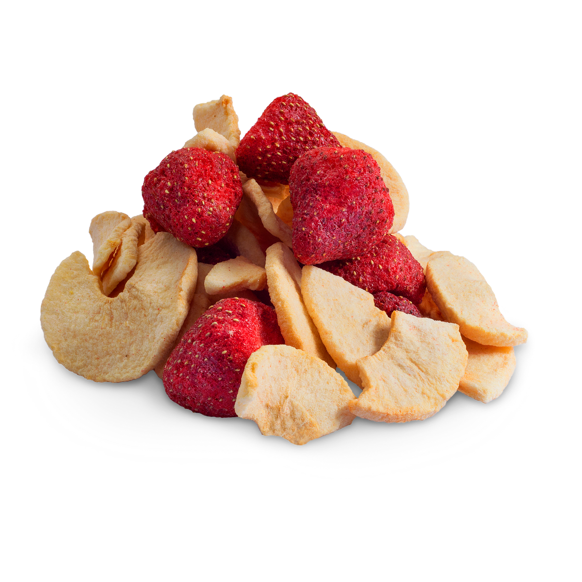 Close-up of DJ & A Freeze Dried Strawberries & Apple pieces.