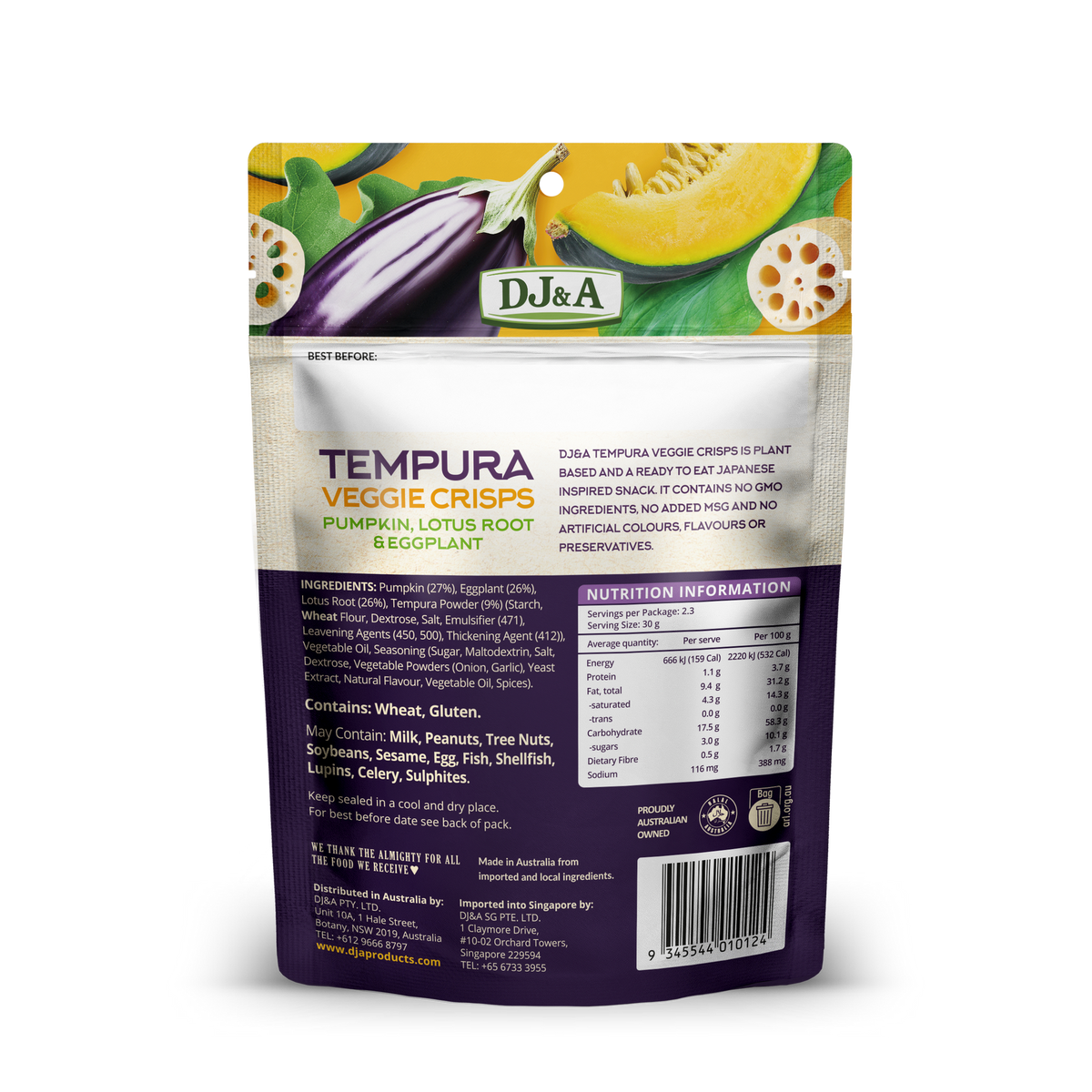 Back of DJ & A Tempura Veggie Crisps pack showing nutritional information, Halal certified.