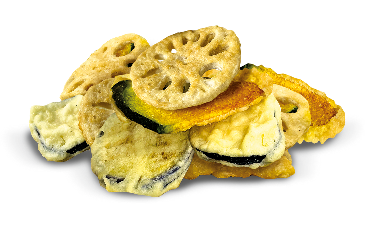 Close-up of DJ & A Tempura Veggie Crisps, showing the crispy tempura coating.