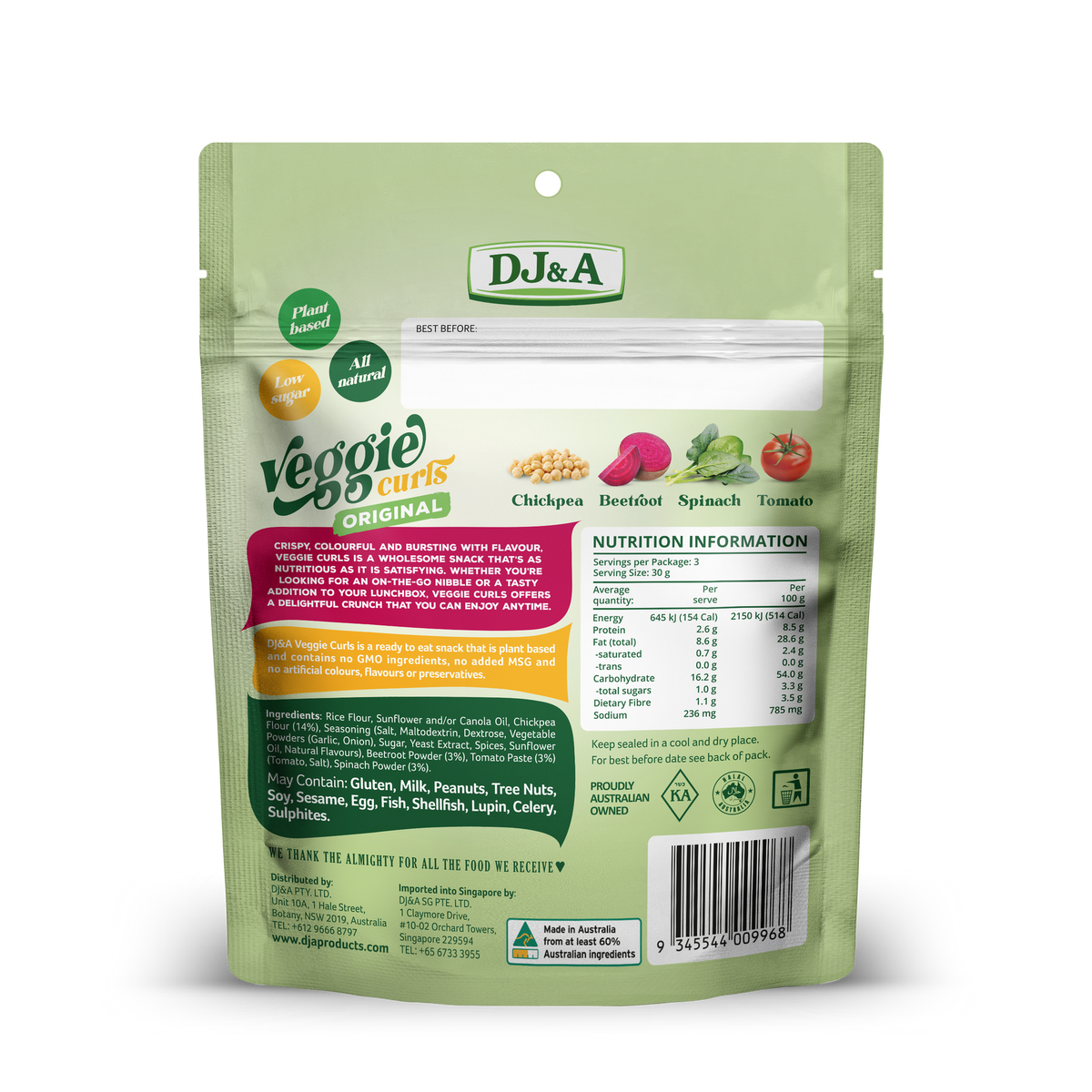 Back of DJ & A Veggie Curls Original pack showing nutritional information.