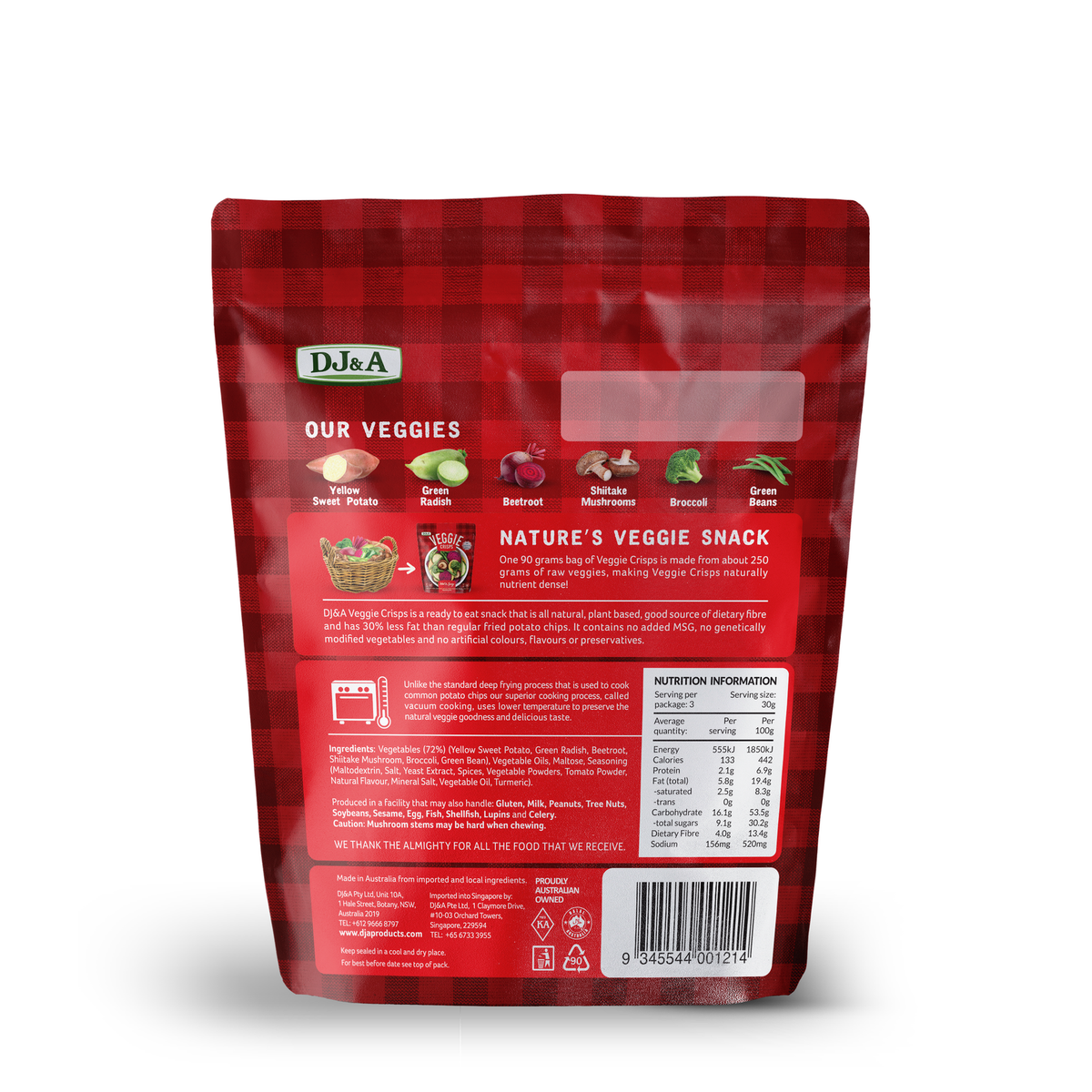 Back of DJ & A Veggie Crisps Hot & Spicy pack showing nutritional information, Halal certified.
