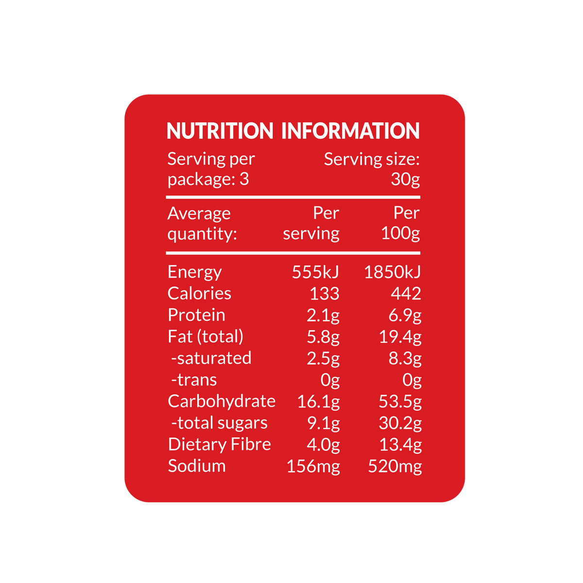 DJ & A Veggie Crisps Hot & Spicy nutritional panel.