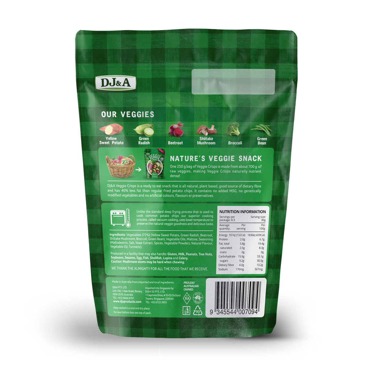 Back of DJ & A Veggie Crisps Original 250g pack showing nutritional information.