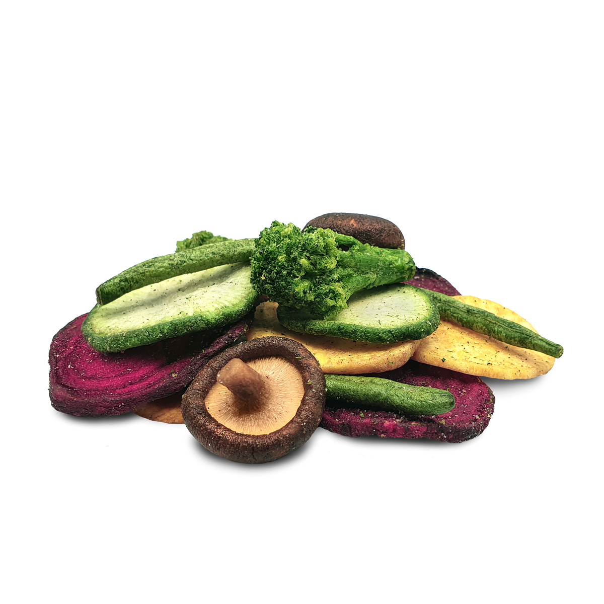 Close-up of DJ & A Veggie Crisps Original, showing the mixed vegetable crisps.