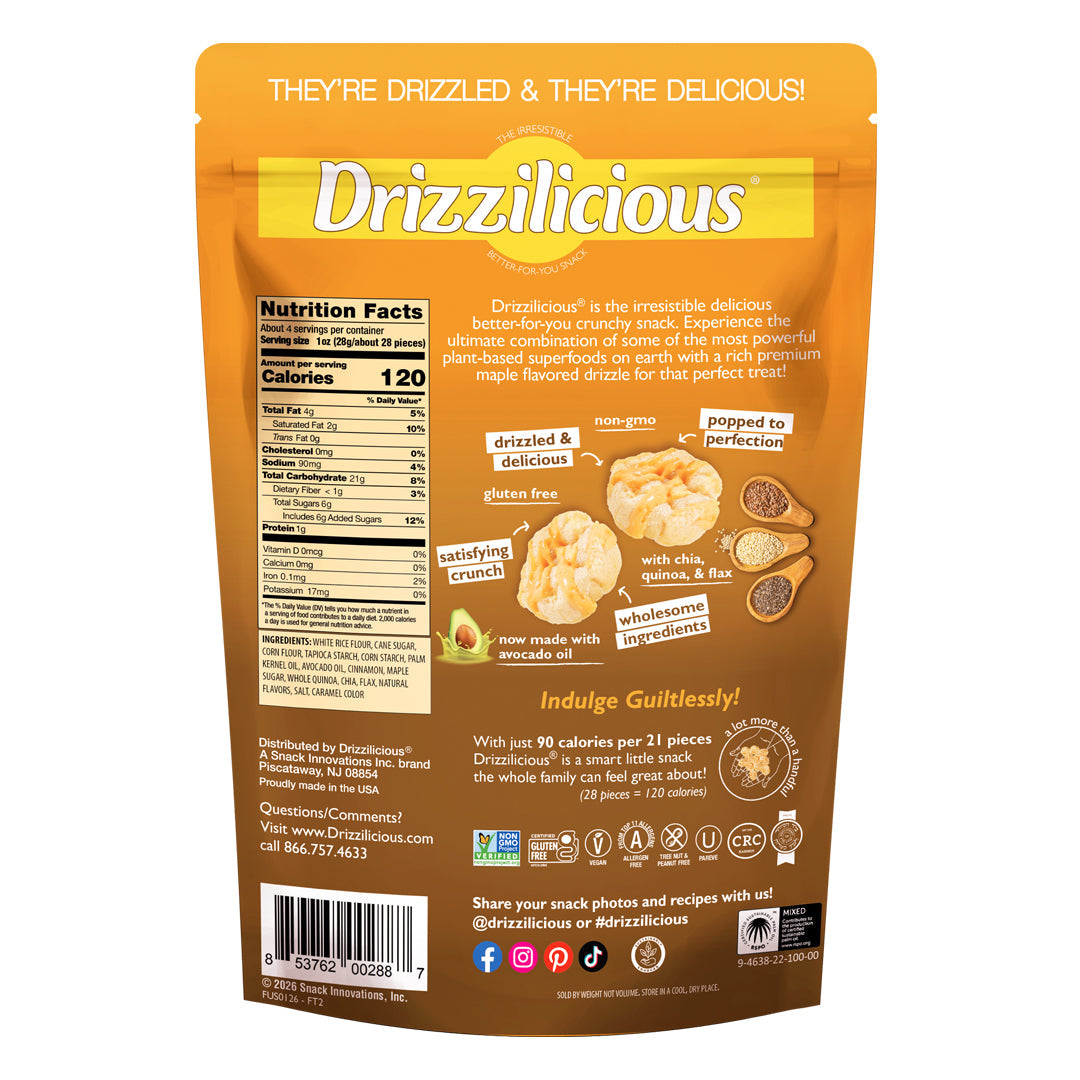 Close-up of Drizzilicious French Toast Mini Rice Cakes, showing the drizzled coating and light, crispy texture.
