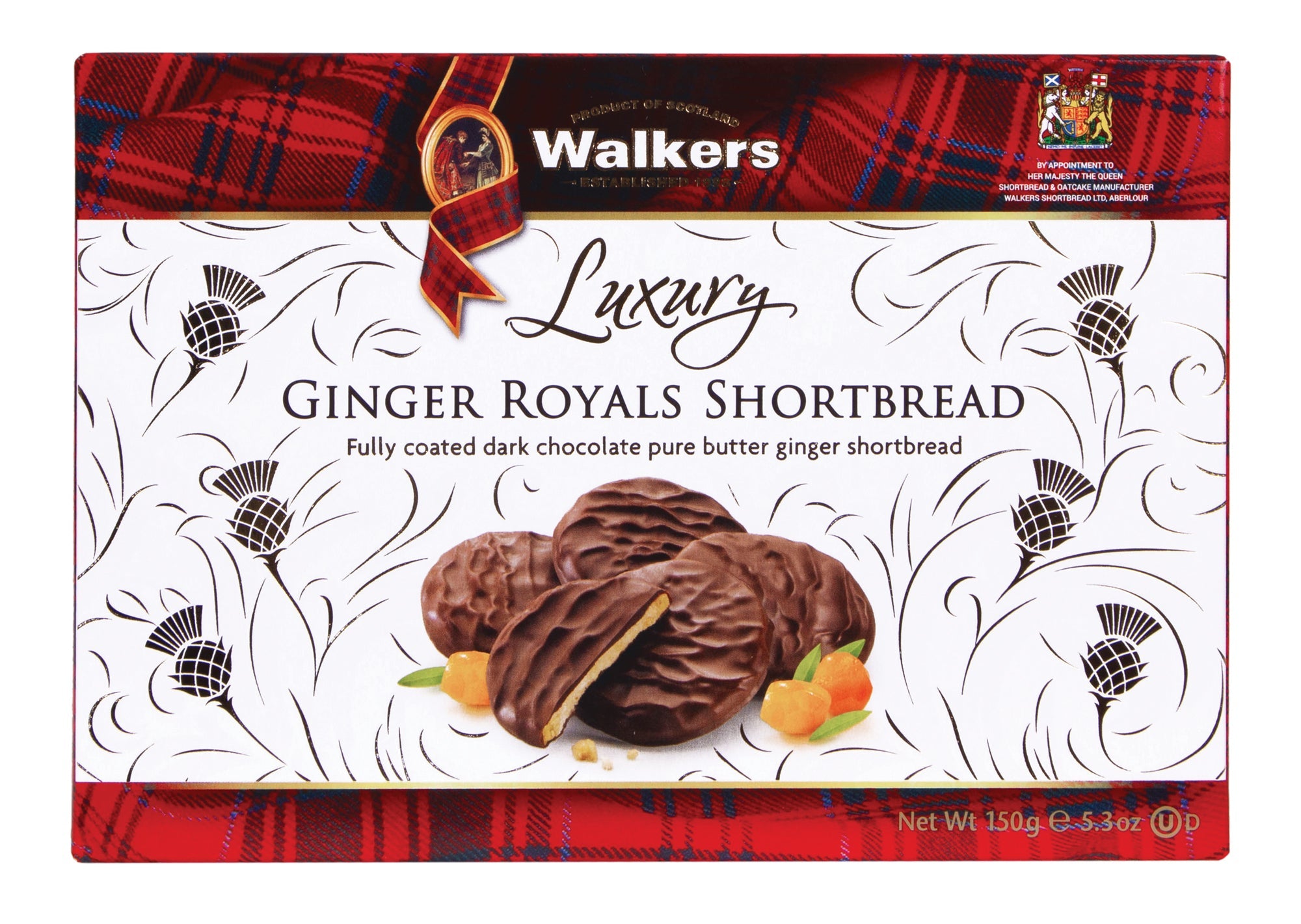 Walkers Plain Chocolate Ginger Royal Shortbread 12 x 150g