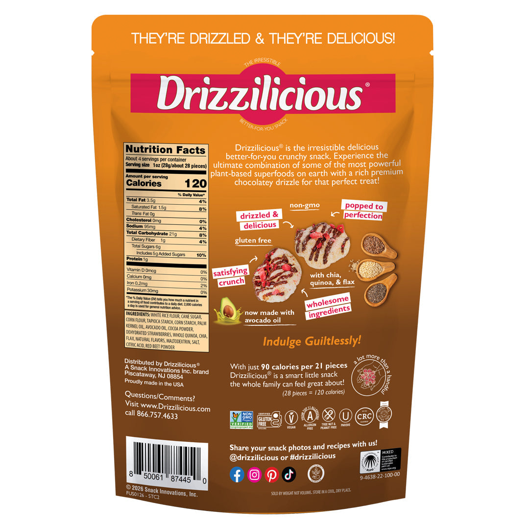 Close-up of Drizzilicious Strawberry Chocolaty Mini Rice Cakes, showing the drizzled coating and light, crispy texture.