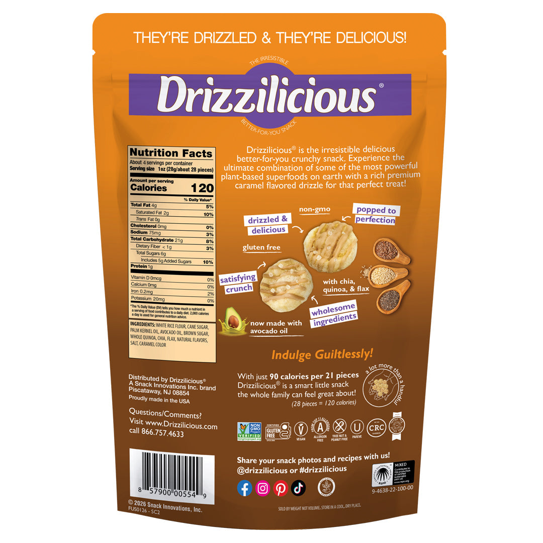 Close-up of Drizzilicious Salted Caramel Mini Rice Cakes, showing the drizzled coating and light, crispy texture.
