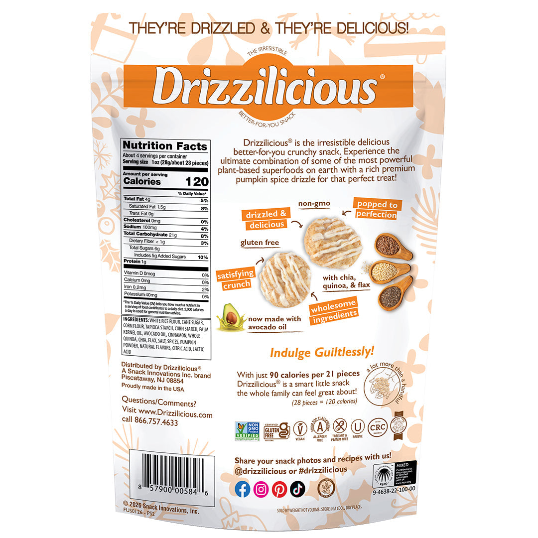 Close-up of Drizzilicious Pumpkin Spice Mini Rice Cakes, showing the drizzled coating and light, crispy texture.