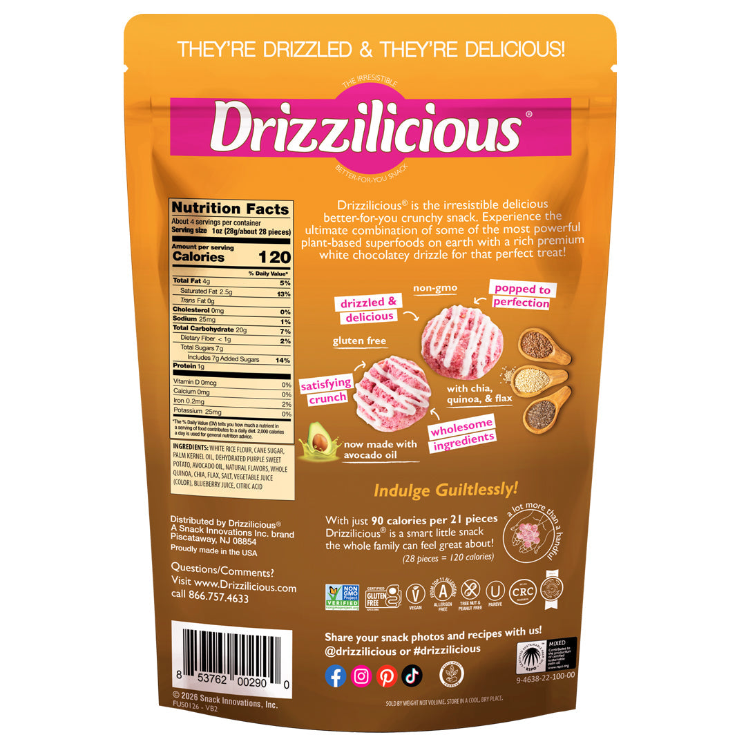 Close-up of Drizzilicious Very Berry Mini Rice Cakes, showing the drizzled coating and light, crispy texture.