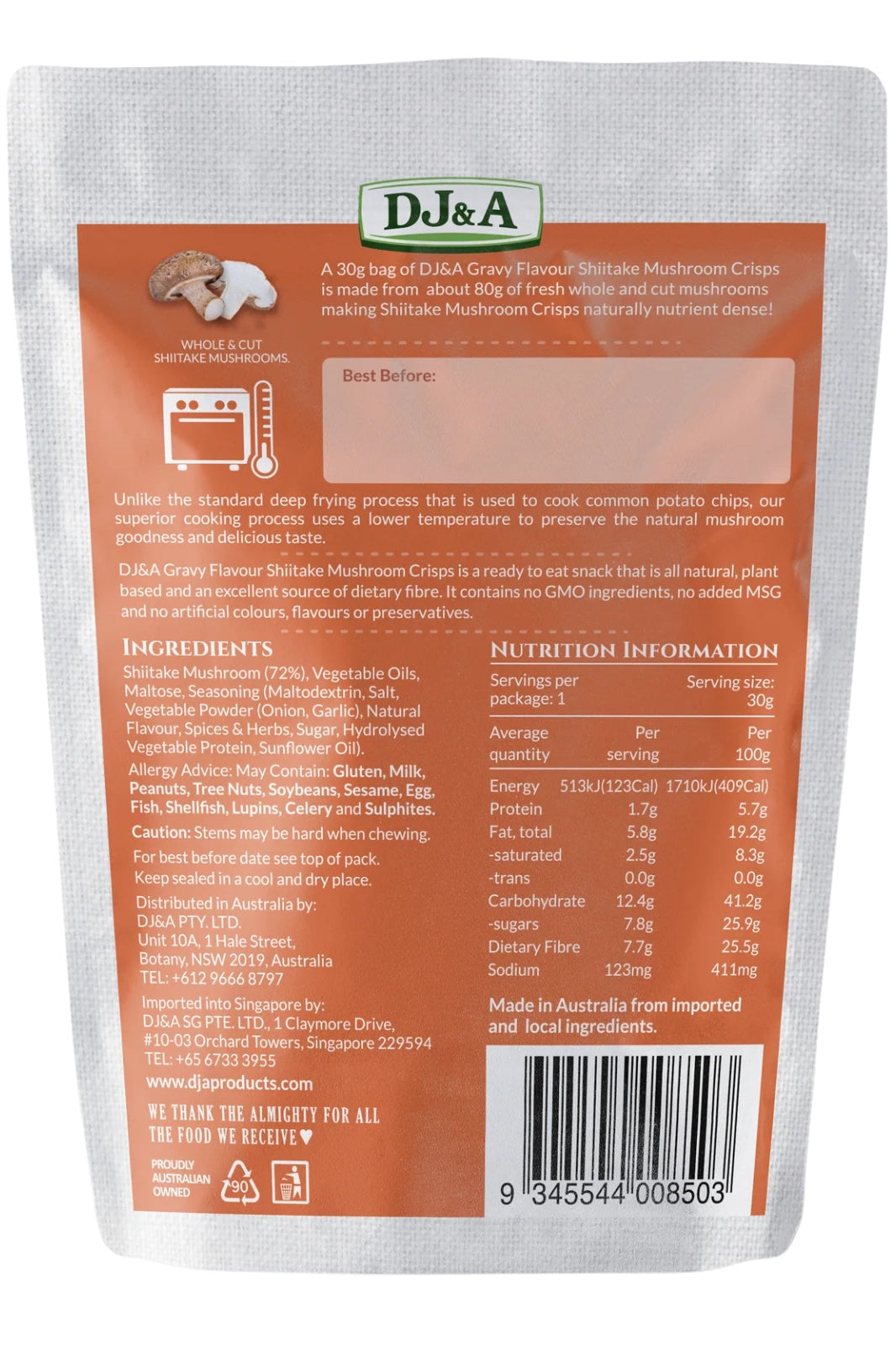 DJ & A Shiitake Mushroom Crisps Gravy flavour, a vegan mushroom snack.