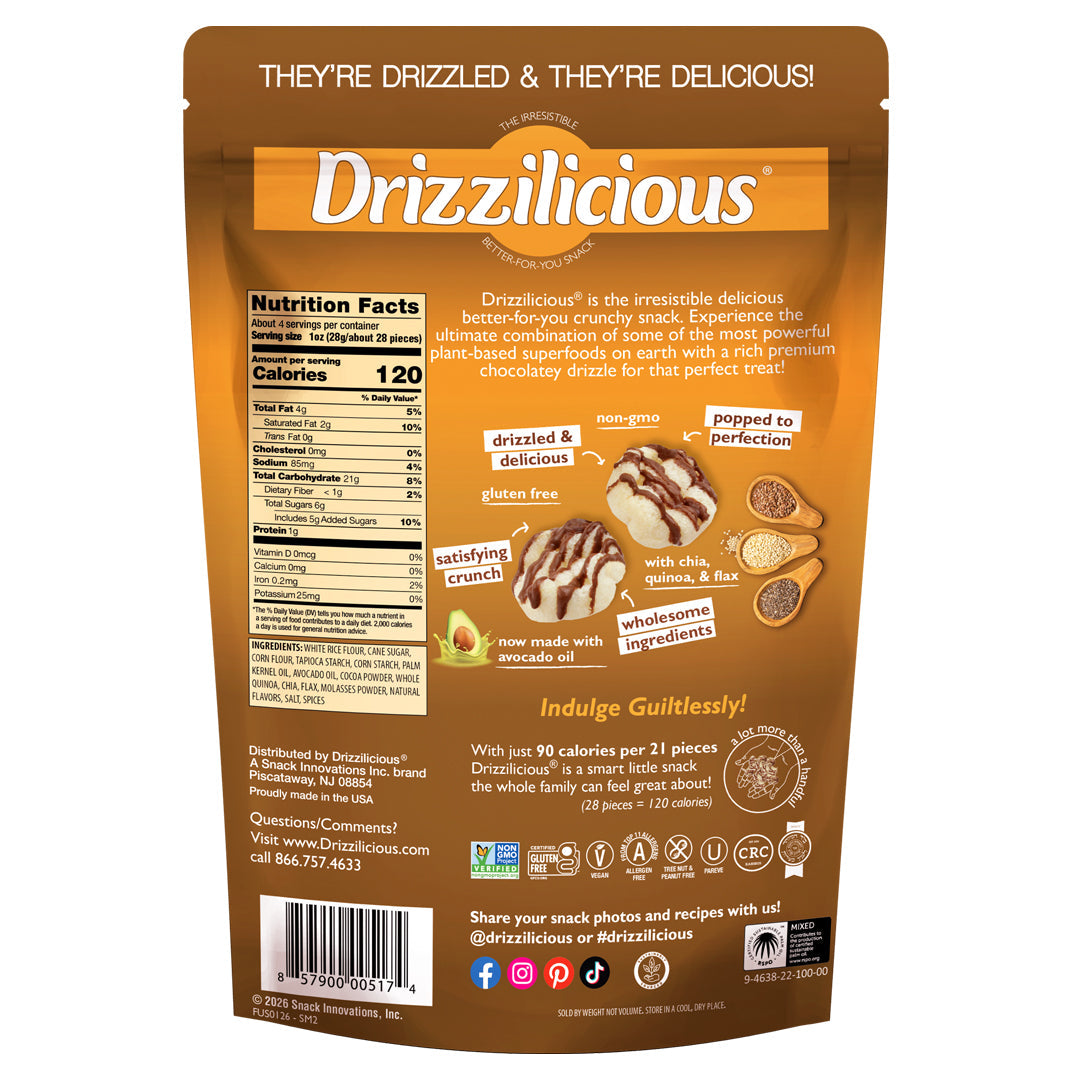 Close-up of Drizzilicious S'mores Mini Rice Cakes, showing the drizzled coating and light, crispy texture.