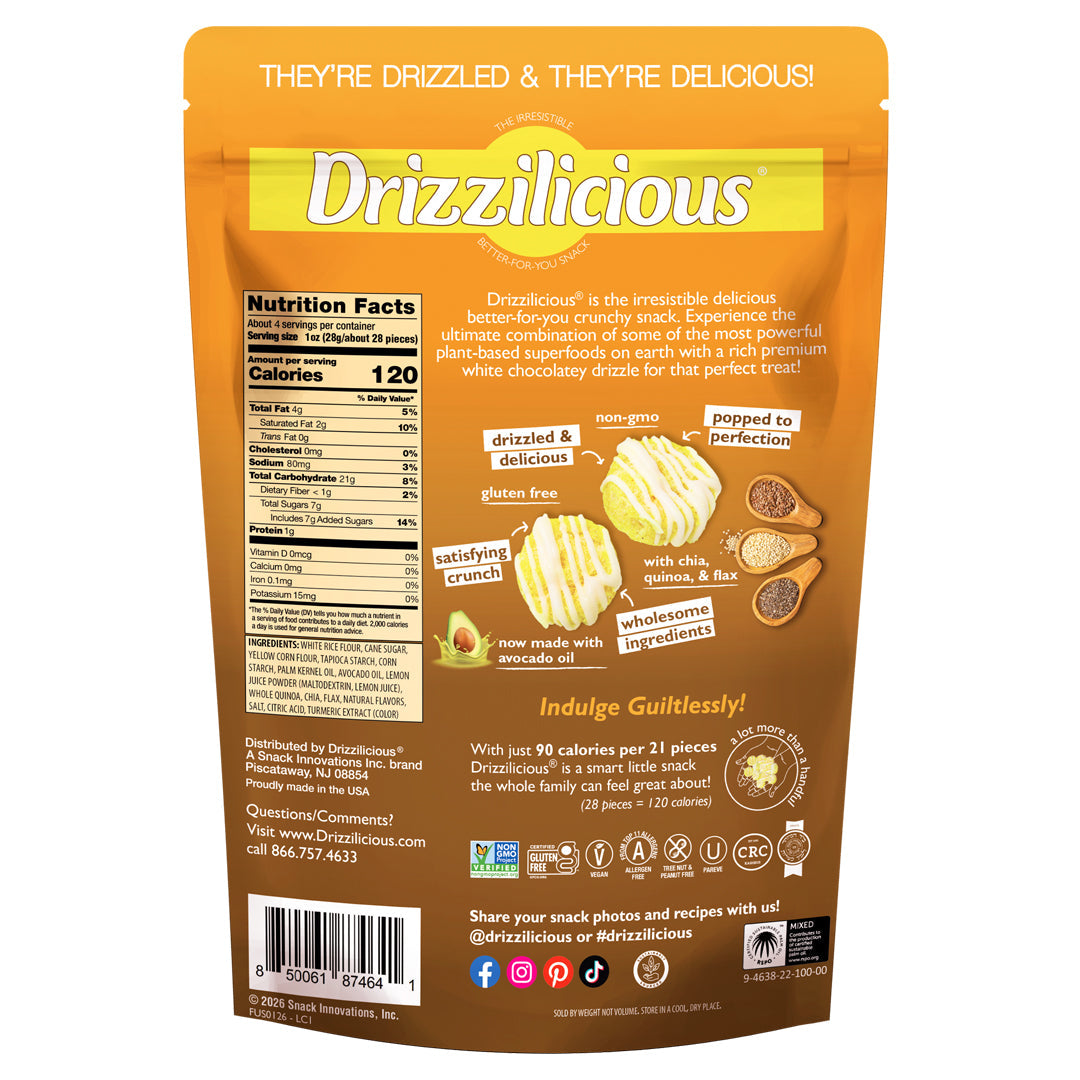 Close-up of Drizzilicious Lemon Cake Mini Rice Cakes, showing the drizzled coating and light, crispy texture.